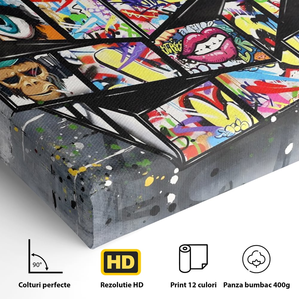Detaliu al suprafetei: tablou canvas cu cub rubik graffiti, fara rama, pe sasiu de lemn